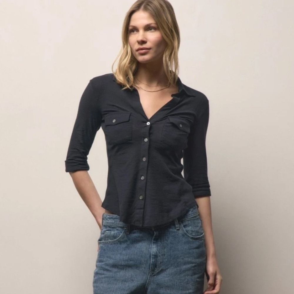James Perse Sheer Slub Side Panel Navy Button Down Shirt Womens XL Minimalist